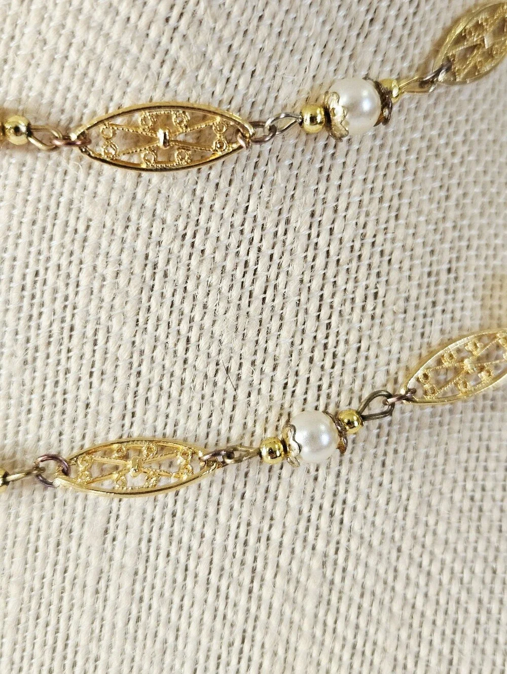 Vintage Faux Pearl Gold Filigree Scrollwork Opera Length Linked Station Necklace